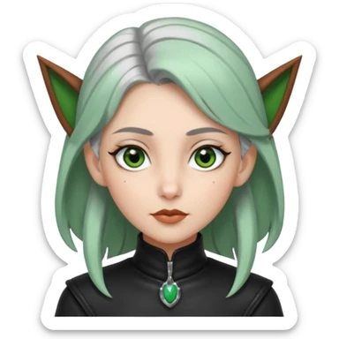 Haz un emoji de una chica con piel blanca ojos marrones y verdes nariz puntiaguda orejas de fae labios finos pelo plateado con un recogido y ropa de cuero negra sticker