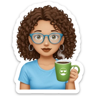 White girl with dark brown curly hair, brown eyes, sky blue glasses, nose piercing septum, green t shirt, drinking coffee from a cup sticker