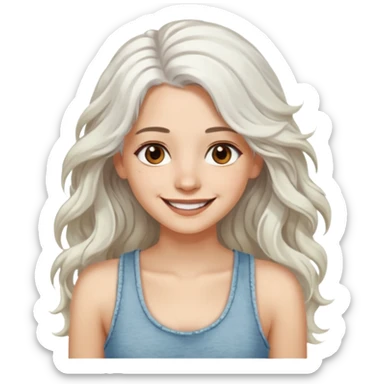 woman with wavy long white hair and brown eyes. smiling in a grunge tanktop. pale skin. sticker