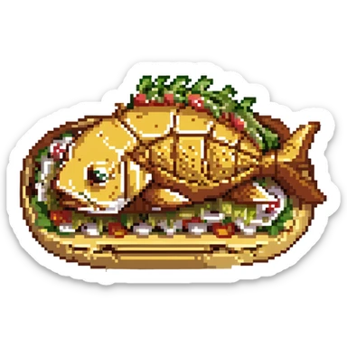 a cyborg robotic carp who's body is made from a filled crunchy taco, with lettuce salsa meat and cheese. he is fish taco bot man sticker