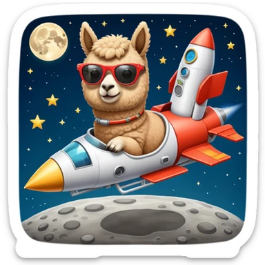 alpaca with sunglasses on rocket ship landing on the moon sticker