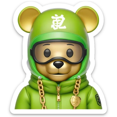 bearbrick wearing lime balaclava with graffiti logos where eye area is replaced by one continuous shield visor lens that's part of the mask, not separate eyewear, puffy coat with fur trim, gold chains sticker