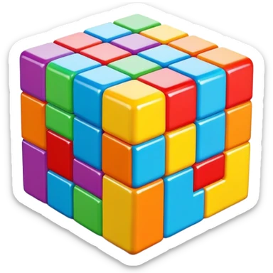 A 3D Tetris-style cube block with a smooth, glossy surface. Bright and vibrant colors, slightly reflective, with soft shadows. The cube should have a modern and playful look, resembling classic Tetris game aesthetics sticker