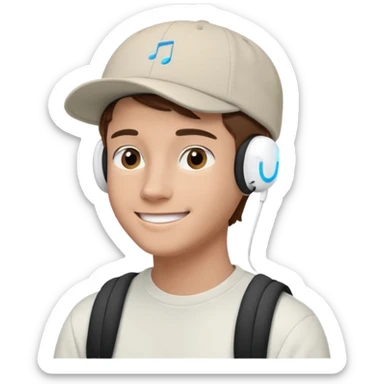 Only the head of a young guy with brown hair smiling with airpods in his ears and a cap on his head turned back. sticker