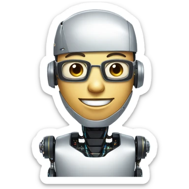 Robotic Cyborg head with fair skin, flat top haircut, rectangular glasses, circuits and smiling  sticker