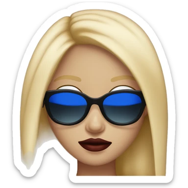 girl long blonde hair blue eyes black sunglasses that cover her eyes and cherry lipstick sticker