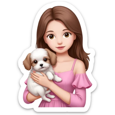 beautiful girl with long hair wearing pink dress holding a white Maltese puppy sticker