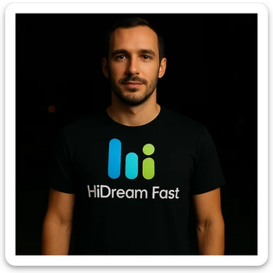 man wearing tshirt with this logo, dark night background with dim , add fast below logo, make man fit into image, add fast insead pf the dev keep rest same sticker