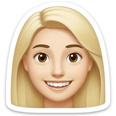 Hair: Long, straight, light blonde with darker undertones Eyes: Light-colored (possibly blue or hazel) Eyebrows: Well-defined and slightly arched Facial Shape: Oval with soft features Skin Tone: Fair/light complexion Expression: Big smile showing teeth, creating a happy and friendly look sticker