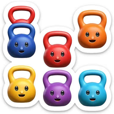 6 colorful cartoon kettlebells with faces, arms, legs, white background. sticker