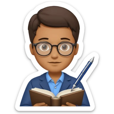 man hold a pen in hand write in book , wearing glasses sticker