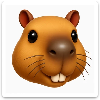Create a capybara emoji that looks exactly like the reference image in iOS emoji style. The emoji should have a 3D appearance with shiny, smooth gradients, soft shadows, and a realistic capybara head with a classic emoji look. Add a subtle highlight to the nose. sticker
