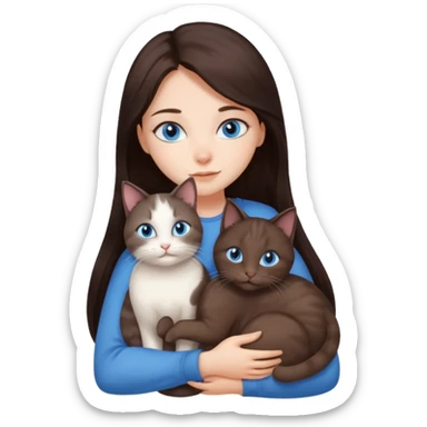 a girl with long dark 
brown hair, with blue eyes, hugs 3 different natural coloured cats sticker