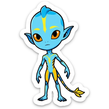 Na'vi character from Avatar movie, blue skin, bioluminescent markings, tall and slender, yellow eyes, cartoon sticker style sticker