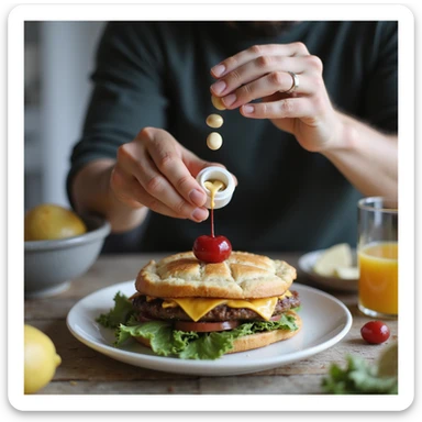 realistic image of a man or woman adding a dietary supplement on top of a healthy meal like a cherry on a cake, positive atmosphere, creative details, home environment sticker