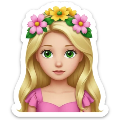 Girl profile picture with long blonde hair and green eyes and a flower in her hair. and a pink outfit sticker