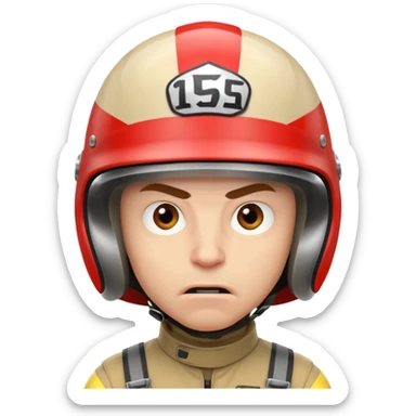 white male racer in helmet, crazy look, taking risks, very serious face, angry sticker