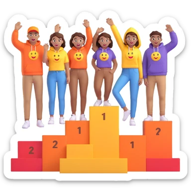 multi-racial men and women standing on a brown winners’ podium with the middle podium position elevated, no numbers on the podium, each person casually dressed in fun colorful jeans, t-shirts, and hoodies, excited fun expressive 3D emoji style sticker