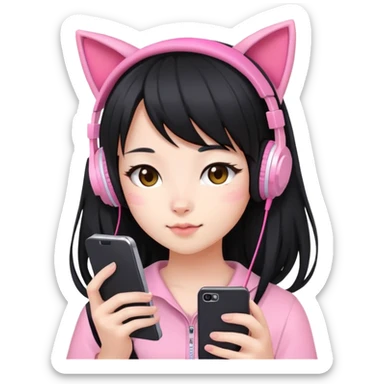 Extra cute Japanese girl with long hair, wearing pink cat ear headphones and holding a mobile phone sticker