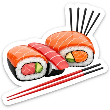 Japanese cuisine humanless avatar in minimalist emoji-style illustration. Sushi, roll and 2 chopsticks, clean lines, red white colors, flat design, calm and modern. sticker