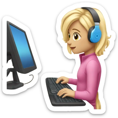blonde hair blue eyed girl pink headphones and computer sticker