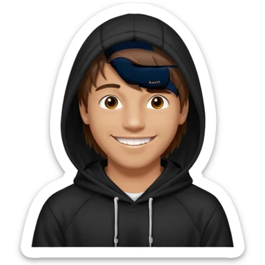 20 yr old man, brown hair, straight, big smile, white teeth, tanned skin, bangs, black hooded sweatshirt, long hair in back, center-parted bangs sticker