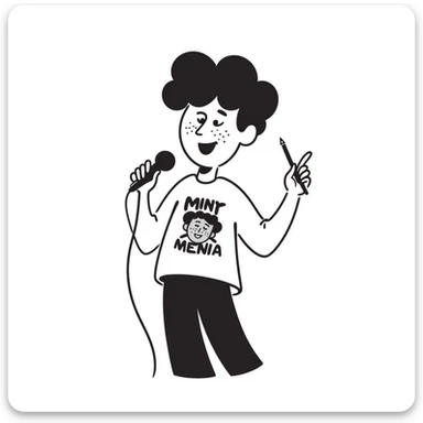 enthusiastic musician with wide smile holding microphone and pen, energetic expression sticker