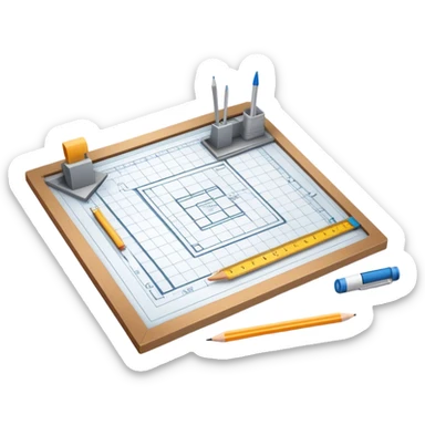 Sleek icon for Architecture: engineer's drawing board with building blueprints, 3D model of the building out of board, pencil, ruler, architect's protractor and square. Transparent background. sticker