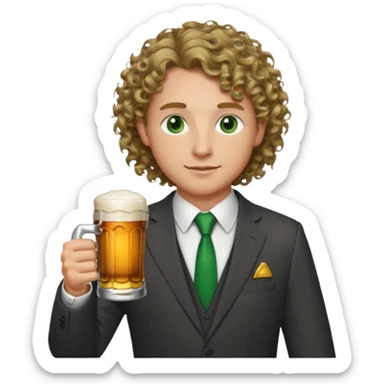 Male, wearing a suit, with a beer, fair complexion, green eyes, shoulder length dark blonde curly hair, bar slinger sticker