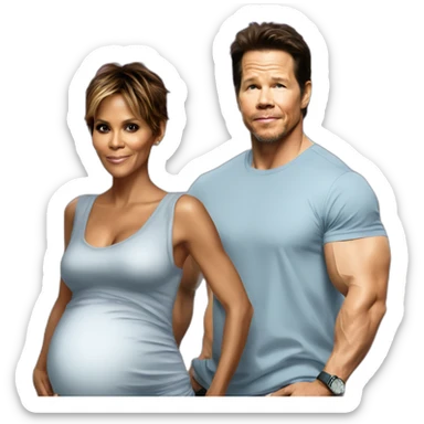 Halle berry standing next to mark Wahlberg both are pregnant sticker