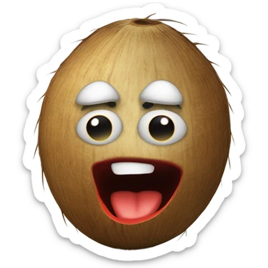 a coconut with a face on it looking down with red, puffy eyes, frightened by what it has done sticker