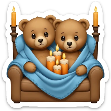 Two teddy bears cuddling wrapped in a blanket watching tv on couch with candles next to them sticker