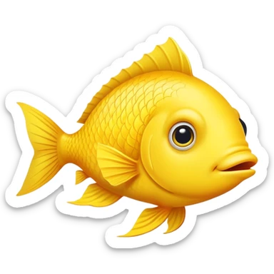 bright yellow fish in strict side view profile, facing exactly to the right, only one side visible, single eye, perfectly flat 2D representation, dopey stupid expression sticker