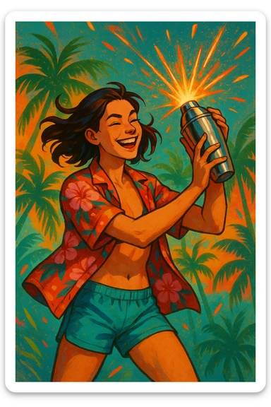 human female Unbuttoned Hawaiian shirt, swim trunks, shaking a cocktail shaker (sparks flying) sticker