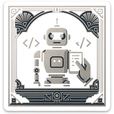 art deco logo of a robot being programmed, robot with code symbols, fan motifs, silver and navy, ornate border sticker