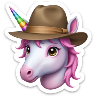 unicorn face cute wearing fedora, horn piercing through the hat looking in the camera sticker