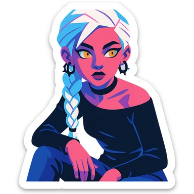 closeup portrait of young woman with gold yellow eyes, white hair in a long braid, black off-shoulder top, punk gothic style, futuristic cyberwave, sitting position sticker