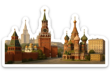cinematic realistic emoji of Moscow city wide view featuring Kremlin, St. Basil's Cathedral, Moscow State University, FSB Headquarters Building (Lubyanka), lifelike detail, accurate colors, bright daytime lighting, no sky, no clouds, fully transparent background sticker