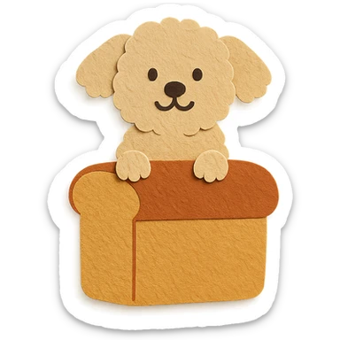 warm beige fluffy bread maker dog, peeking from a bread loaf, cheerful, full-body sticker