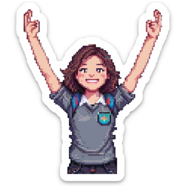 college student smiling in front of a laptop, arms raised in a hooray position, pixel art style sticker