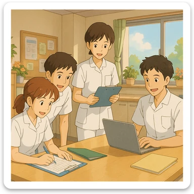 Group of four nursing students working together in a care station, white short-sleeve uniforms, medical tunics with V-neck and left chest pocket, no collar stand or stethoscopes, no fabric under sleeves, collaborative atmosphere, bright and welcoming care station decor, Ghibli style sticker