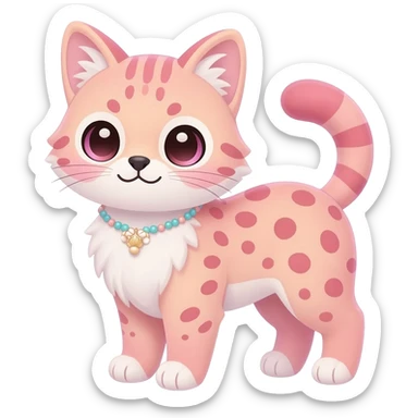 Whitish colorful pastel-rosy-pink cute elegant furry kawaii Serval, full body, with a cute pretty necklace  sticker