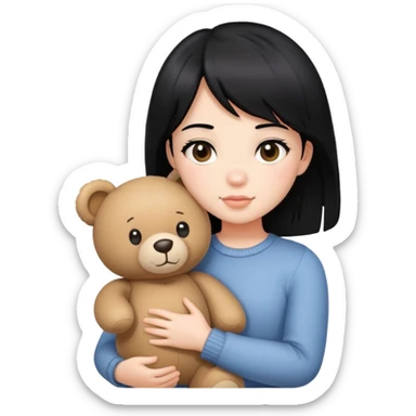 girl with black hair and side bangs holding a teddy bear sticker