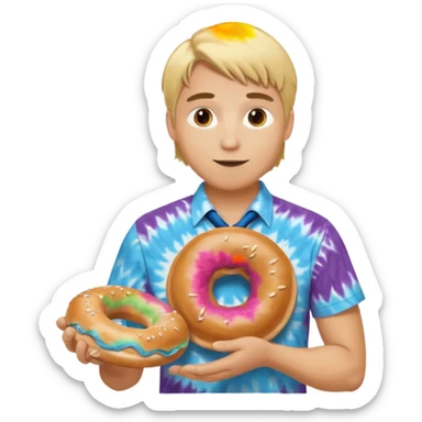 Blond man making bagels with tie die shirt sticker