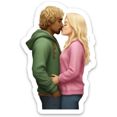Pippin-hobbit wearing hoodie passionately kissing pretty blonde woman wearing pink top sticker