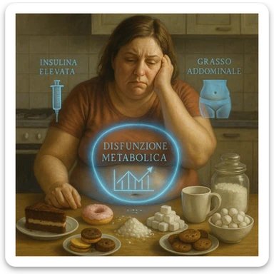 realistic surreal symbolism; woman late 30s, slightly overweight, sitting tired at kitchen table with sweets and sugars in front; frustrated expression; blue halo around abdomen (metabolic dysfunction); transparent icons: high insulin, high blood sugar (graph with upward arrows), fat on belly and hips; writings in Italian sticker