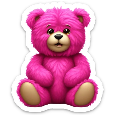 Realistic isolated big full length fluffy hot pink long fuzzy hair valentines Day stuffed Teddy Bear sitting up. sticker