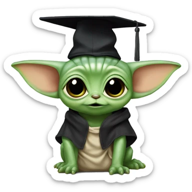cuty chamaleon similar to baby yoda with a university mortarboard sticker