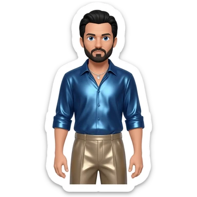 Oliver Reed with blue eyes, black hair and short beard, steel blue metallic shirt, taupe metallic baggy pants, silver necklace sticker