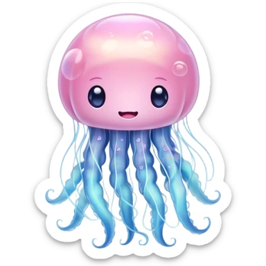 Cinematic floating kawaii jellyfish, tiny round body, soft glowing tentacles, pastel pink and blue hues, delicate sparkling highlights, dreamy and adorable. sticker